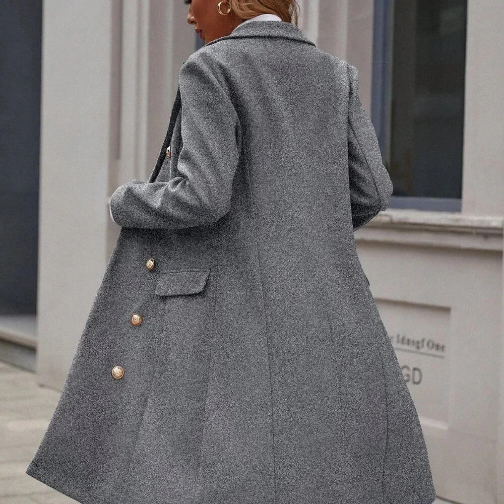 Grey Elegant Women's Double-Breasted Long Sleeve Coat - Picture 2 of 6